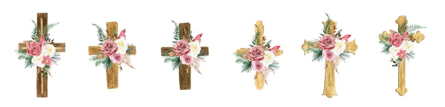 Set of boho wooden watercolor cross with eucalyptus, fern and roses on a white background. For first communion, baptism invitations, easter.