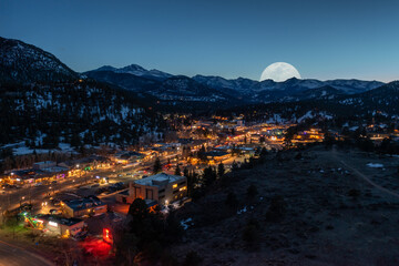 Aerial Long Exposure Estes Park in Colorado with Full Moon rising