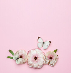 Fototapeta na wymiar Floral minimal spring card border composition on pink background