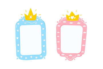 Set of princess and prince cartoon frame in baby pink,blue with gold crown © cottidie