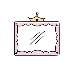 Princess crown mirror frame. Hand drawn doodle mirror with crown for baby princess decorate border. Vector illustration.