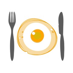 Fried eggs. Scrambled egg. Plate, fork and knife. Breakfast serving. Cooked omelette. Isolated white background. EPS10 vector illustration.