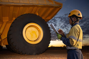 Certified  motor vehicle mechanic mining haul truck inspector wearing safety helmet long sleeve...