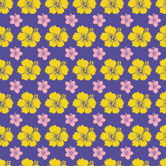 Vector hibicus yellow and pink color flowers seamless pattern background