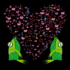 Two frogs on a background of hearts. Template for Valentine greeting cards. Musical notes in the shape of a heart. Heart made of musical notes. Doodle Hearts. Valentines day card.