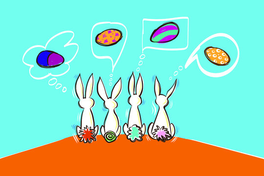 Four Rabbits dreaming of Colourful Eggs