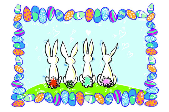 Four Bunnies in a frame of Easter eggs