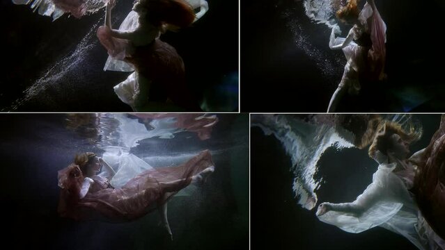 Collage multiscreen dance underwater in a pool equipped for shooting videos and photos. A young girl demonstrates movements in slow motion.