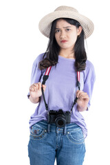 Asian woman with hat and camera standing with unhappy expression