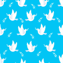 Seamless pattern made with white doves on blue background. Peace dove with olive branch for International Peace Day.  Vector