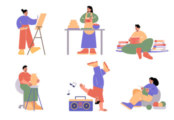 Fototapeta na wymiar People doing different hobbies, painting, cooking, pottery, knitting, dance and reading books. Vector flat illustration of men make sculpture, dancer, women drawing, cook cake