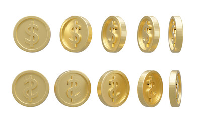 Collection of golden dollar coin in different shape on white background. 3d rendering illustration.