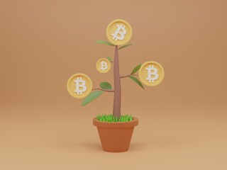 Seedling plant with bitcoin flower in pot on light orange background. Cryptocurrency trend. 3d render illustration.