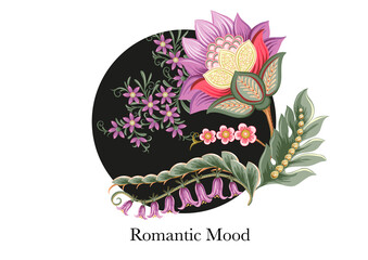 Fantasy flowers in retro, vintage, jacobean embroidery style. Template for wedding invitation, greeting card, banner, gift voucher, label. Vector illustration.