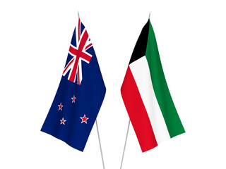 National fabric flags of Kuwait and New Zealand isolated on white background. 3d rendering illustration.