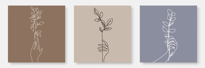 Vector Line Art Drawing of Leaves Branch in Hands. Floral Continuous Line Art. Hand Drawn Abstract Botanical Print for Social Media, Logos, Poster Wall Decor, Invitation, Card, T-shirt Print. 