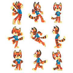Striped Tiger Character with Orange Fur Wearing Sweatshirt Standing and Running Vector Set