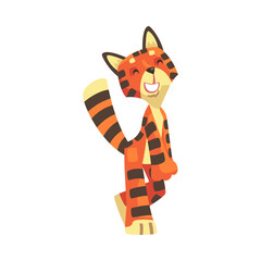 Striped Tiger Character with Orange Fur Walking and Smiling Vector Illustration
