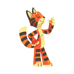 Fototapeta na wymiar Striped Tiger Character with Orange Fur Standing and Gesticulating with Paw Vector Illustration