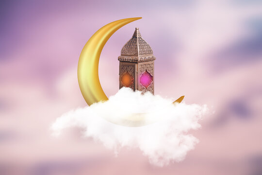 An Arabic lantern and a 3D rendered moon are placed on a fluffy cloud. Both are placed on a pink sky background. Ramadan concept with space for text.