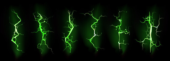 Ground cracks with neon green light top view. Vector realistic set of lightning, thunderbolt, electric impacts isolated on black background. Cracks of land destruction with magic glow