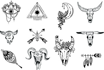 Set of handrawing ethnic boho illustration of ram skulls, moon, feathers and symbols