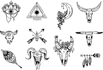 Wall murals Boho Style Set of handrawing ethnic boho illustration of ram skulls, moon, feathers and symbols
