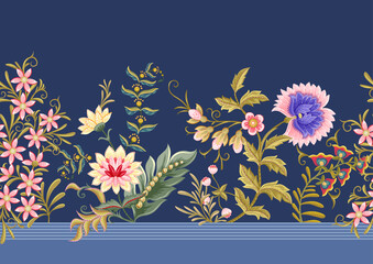 Fantasy flowers in retro, vintage, jacobean embroidery style. Border line seamless pattern on denim blue background. Vector illustration.
