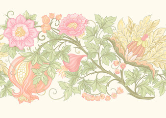 Fantasy flowers in retro, vintage, jacobean embroidery style. Seamless pattern, background. Vector illustration.