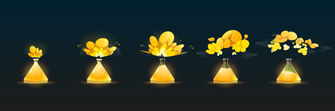 Stages of chemical reaction in lab flask, science experiment with yellow fluid. Vector cartoon illustration of sprite sheet of explosion of liquid reagent in beaker and smoke clouds