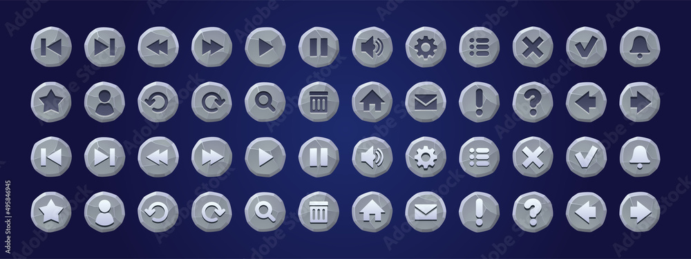 Aufkleber stone texture buttons for game or app interface, menu ui design elements set. user key arrow, gear, 