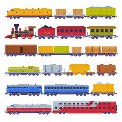 Train or Locomotive with Wagon Pulling Freight and Cargo Vector Set
