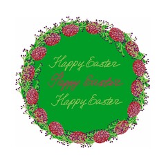Elegant Easter greeting card with floral wreath and colorful eggs.