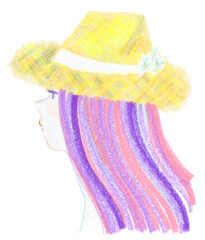 クレヨン、色鉛筆で描いた麦わら帽子をかぶった夏の少女の横顔のアナログイラスト