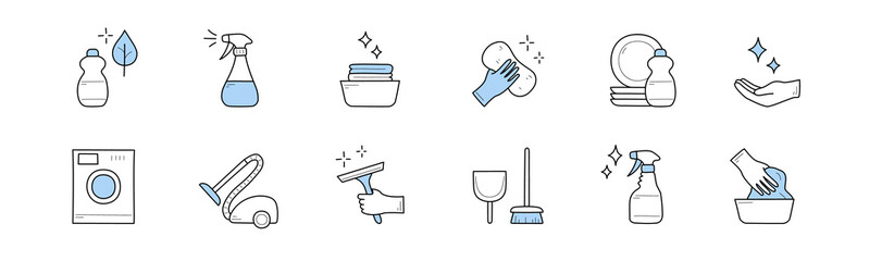 Set of cleaning and household doodle icons. Detergent bottle, vacuum cleaner, spray, sparkling dishes, hand with sponge, plates, washing machine, scoop with brush, rubber glove, Line art vector signs