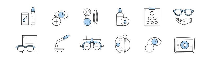Set of optometry, eye check, health care doodle icons. Medical sight test, laser surgery, glasses, solution and and eyedropper. Optician board, oculist chart and equipment Line art vector illustration