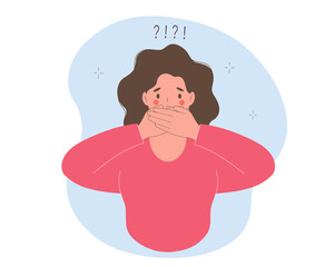 Young woman is surprised, she covers her mouth with both hands.