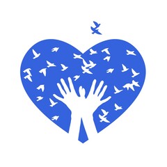 silhouette of two hands producing birds. Two hands release birds on the background of a heart