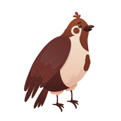 Cartoon sparrow isolated on white background. Small brown bird with a beak and wings. Vector illustration