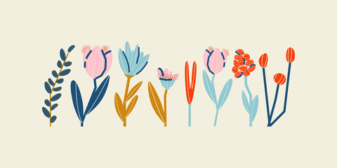 Cute illustration with flowers. Set. Vector card, print, design