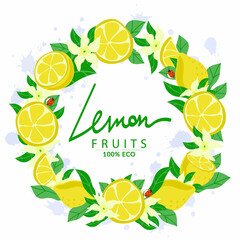 Holiday wreath decorated with ripe yellow lemons, cartoon style painted elements. Isolated on white background. Juice blobs. Ladybugs. Sample poster, party invitation, holiday banner, postcard.