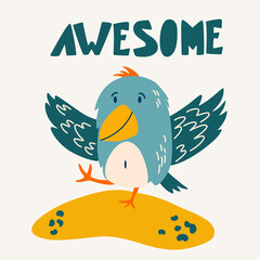 Funny Parrot. Lettering Awesome. Exotic bird. Children's Cartoon Vector illustration for postcards, posters, designing children's clothing.