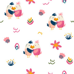 Parrots and tropical leaves seamless pattern. Jungles background. Endless background in childish style for fabric, textile, kids and wallpaper. Vector cartoon illustration