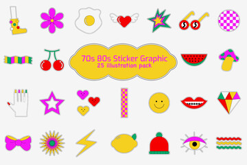 70s 80s Sticker Graphic Illustration Set