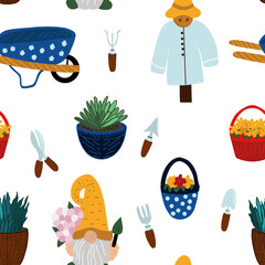 Garden doodle seamless pattern with gnome, plants, wheelbarrow and scarecrow for wrapping, textile, print, fabric