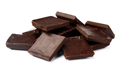 Small dark chocolate pieces isolated on white background