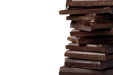 Small dark chocolate pieces isolated on white background