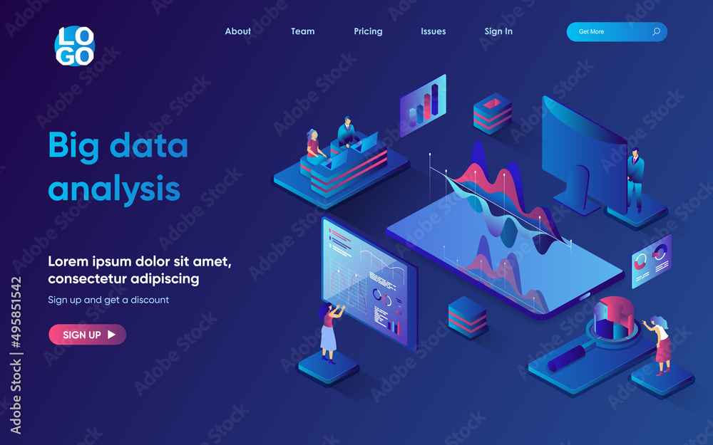 Aufkleber Big data analysis concept 3d isometric web landing page. People making financial reports and market research, studying statistics on charts and graphs. Vector illustration for web template design