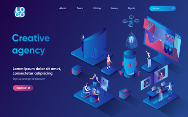 Creative agency concept 3d isometric web landing page. People work on project, analyze consumer, develop idea, create graphic content, advertise, promote. Vector illustration for web template design