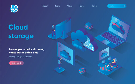 Cloud storage concept 3d isometric web landing page. People upload and transfer files using cloud technology, work with online databases and making backups. Vector illustration for web template design